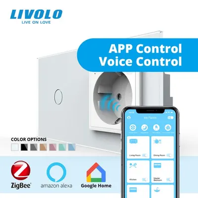 Intrerupator simplu cu touch Zigbee + priza Schuko Zigbee, generatia noua, cu rama sticla Alb