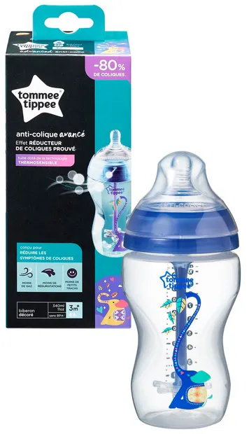Biberon Tommee Tippee Advanced Anti-Colic - 340 ml, cu tetina 2 picaturi, Flux mediu, albastru