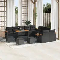 Set canapea Gossi 13 piese cu perne negre din ratan poliester si acacia, set dining Gossi 3 piese cu perne negre din ratan poliester si acacia
