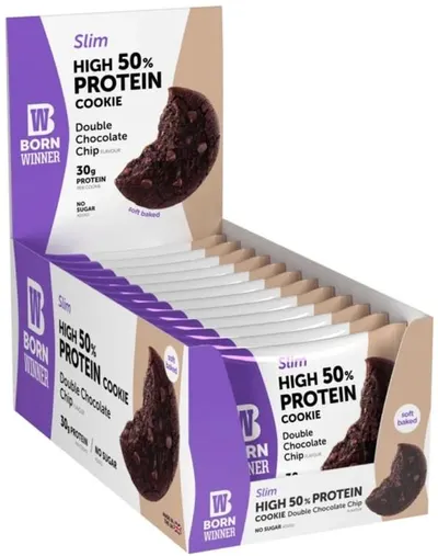 Slim Protein Cookie, ciocolată dublă, 12 bucăți, Born Winner