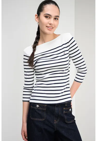 Bluza slim fit de bumbac cu maneci trei sferturi - Albastru ultramarin/Alb murdar