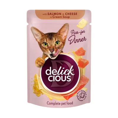 DELICKCIOUS Dinner, Somon și Brânză, plic hrană umedă pisici, (în supă), 85g