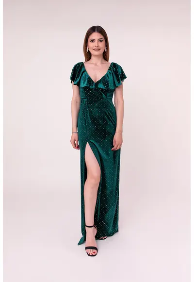 Rochie din catifea cu slit lateral Whispers - Verde englez