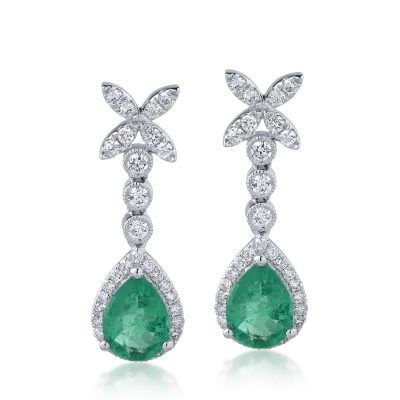 Cercei din aur alb cu smaralde pear de 2ct si diamante round de 0.6ct