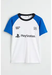 Tricou cu imprimeu si maneci raglan PlayStation - Alb/Albastru
