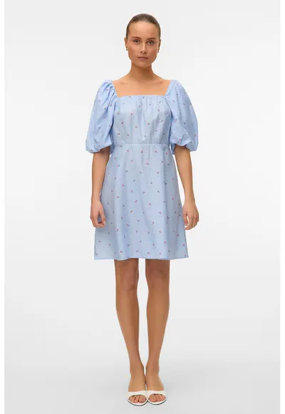 Rochie cu maneci bufante si imprimeu - Rosu/Alb/Albastru lavanda
