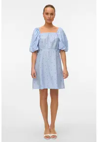 Rochie cu maneci bufante si imprimeu - Rosu/Alb/Albastru lavanda
