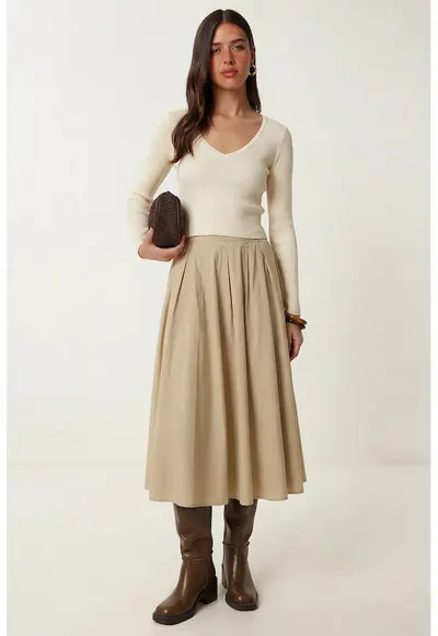 Fusta midi Happiness Istanbul - bej natural - viscoza