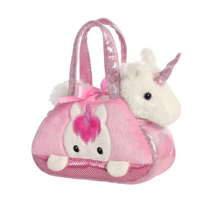 Set geanta pentru copii cu jucarie de plus Fancy Pals, 2 in 1 - Unicorn alb, Geanta roz, 20 cm