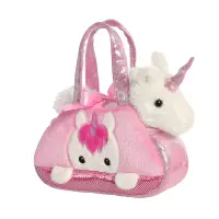 Set geanta pentru copii cu jucarie de plus Fancy Pals, 2 in 1 - Unicorn alb, Geanta roz, 20 cm