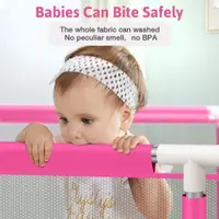 Tarc de joaca pentru copii Nichiduta Pink, 180 x 200 x 73cm, cadru metalic, pereti din plasa, poarta de acces, covoras din spuma cu doua fete, 4 inele ajutatoare si 100 bilute incluse