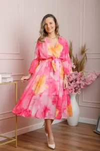 Rochie eleganta Adaline din voal ciclam cu imprimeuri florale