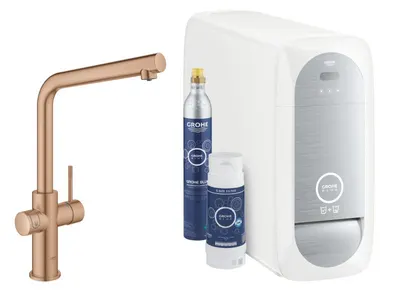 Set bucatarie Grohe Blue Home 31454DL1, 3/8, monocomanda, pipa inalta, filtrare, racire, apa carbogazoasa, cartus ceramic, pivotanta, mat, Warm sunset