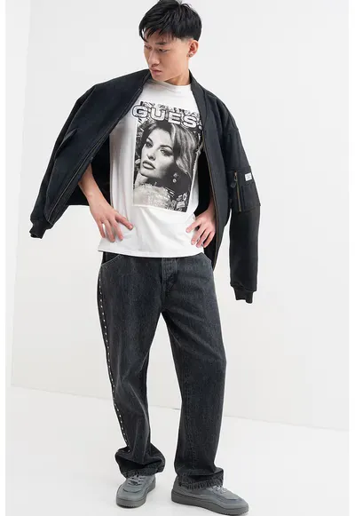 Tricou cu decolteu la baza gatului si imprimeu foto - Alb/Negru