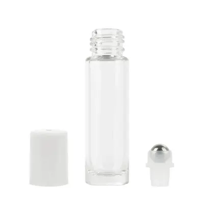 Sticluță transparentă reutilizabilă cu roll on metalic și capac alb - 10ml