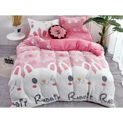 Lenjerie pat dublu, Super Pufoasa COCOLINO,cu ELASTIC, 4 piese, Jojo Home, Roz-Multicolor, iepurasi