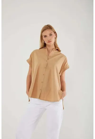 Camasa dama - camasa cu maneca scurta supradimensionata - bej natural - textil