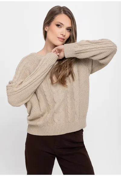 Pulover lejer pentru femei S-Aya - bumbac - cu decolteu rotund - bej - Bej
