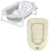 Set cadita pliabila Genua Premium, cu termometru, dop si suport anatomic, Gri si cosulet bebelus, Qmini, 55 x 75 cm, Husa 100% muselina dubla, Beige