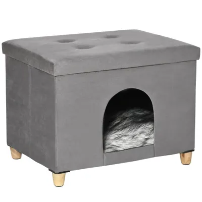 PawHut Taburet pentru Pisici cu Pernă Detașabilă și Lavabilă, Taburet cu Pat și Picioare, 60x45x44.5 cm, Gri | Aosom Romania