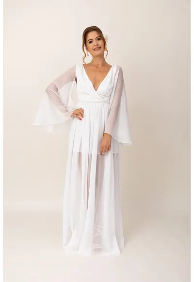 Rochie maxi cu decolteu in V - Alb