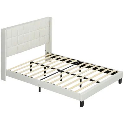 HOMCOM Pat 135x190 cm tapițat cu depozitare inferioară și tăblie căptușită cu urechi, bej | Aosom Romania