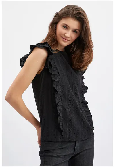 Bluza brodata cu garnituri cu volane - Negru