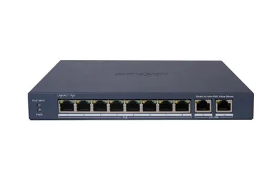 Switch PoE Hikvision DS-3E1310P-EI/M: 8 × 10/100 Mbps PoE ports,2 × Gigabit RJ45 port, 8 porturi PoE maxim 30W, buget PoE 60W, t