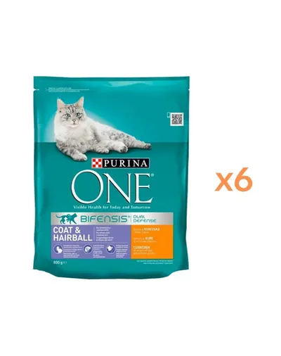 PURINA ONE Coat & Hairball 6x800 g hrană pisici adulte, cu pui și cereale integrale, pentru blană și ghemotoace de păr