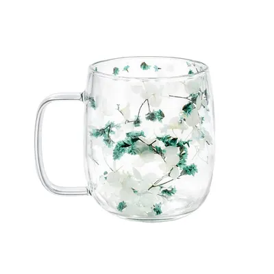 Cană cu inserție de flori uscate alb și turquoise, hortensie și limonium, pereți dubli, sticlă borosilicată, 250 ml, Aurora Bloom
