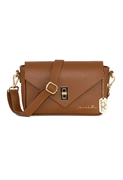 Geanta crossbody din piele cu sistem metalic - Maro scortisoara