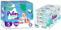 Scutece Pufies Sensitive - Mărimea 5, 11-16 kg, 138 buc + șervețele umede Pufies Clean Care, 12 х 64 buc