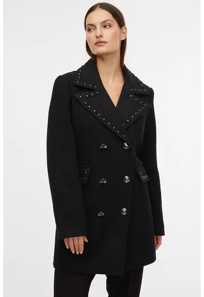 Palton din amestec de lana cu aplicatii decorative - Negru