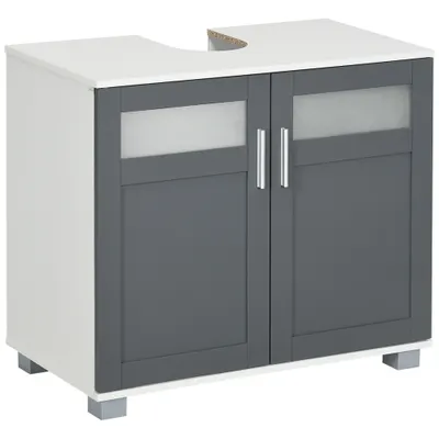 kleankin Dulap pentru sub lavoar Dulap de baie sub lavoar cu 2 uși din sticlă securizată 69x35x59 cm Alb și Gri | Aosom Romania