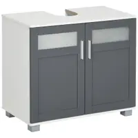 kleankin Dulap pentru sub lavoar Dulap de baie sub lavoar cu 2 uși din sticlă securizată 69x35x59 cm Alb și Gri | Aosom Romania