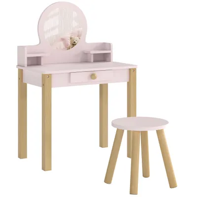 AIYAPLAY Set Masă de Toaletă pentru Fete cu Taburet, Oglindă, Sertar, din Lemn de Pin și MDF, pentru 3-6 Ani, Roz | Aosom Romania