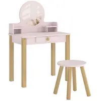 AIYAPLAY Set Masă de Toaletă pentru Fete cu Taburet, Oglindă, Sertar, din Lemn de Pin și MDF, pentru 3-6 Ani, Roz | Aosom Romania
