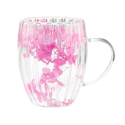 Cană cu petale de trandafiri roz, pereți dubli, sticlă borosilicată, 300 ml, SZK157