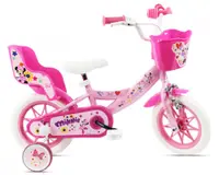 Bicicleta pentru copii Denver Minnie Cutest 12 inch, frana de mana pe ambele roti, clopotel, roti ajutatoare detasabile, suport pentru papusi