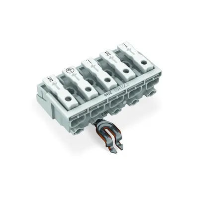 Lighting connector; push-button, external; with angled snap-in ground contact; L´-N´-L-PE-N; 5-pole; Lighting side: for solid conductors; Inst. side: for all conductor types; max. 2.5 mm²; Surrounding air temperature: max 85°C (T85); 2,50 mm²; white