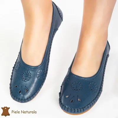 Balerini dama din Piele Naturala cu talpa flexibila CRL0178 BLEUMARIN