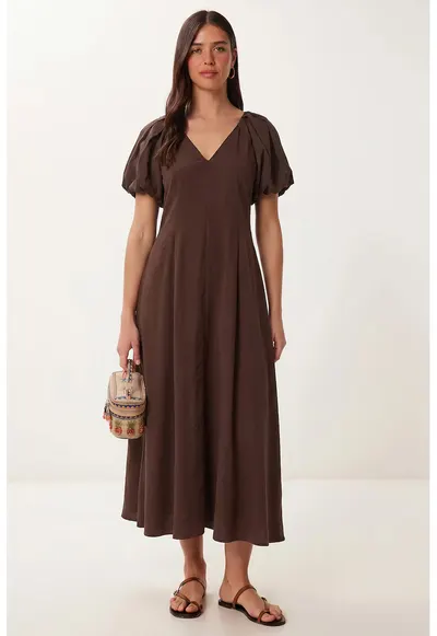 Rochie Midi - Happiness Istanbul - A-line - decolteu in V - maro - crep 50% bumbac - 50% poliester