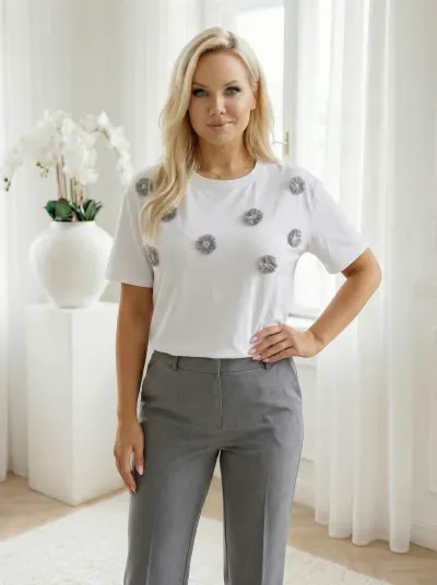 Tricou din bumbac cu flori 3D gri
