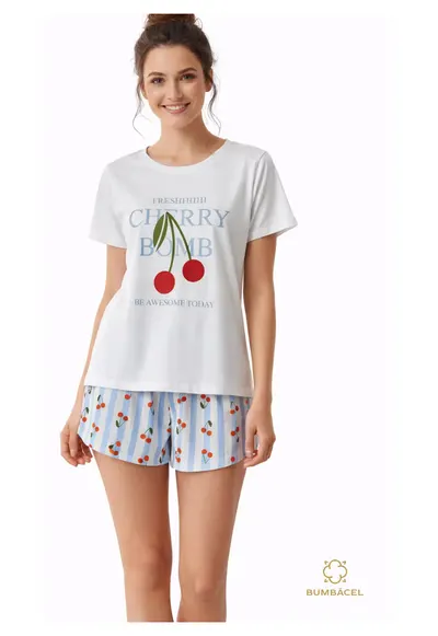Pijama din bumbac cu maneca scurta si cu imprimeu - pentru dame