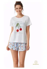 Pijama din bumbac cu maneca scurta si cu imprimeu - pentru dame