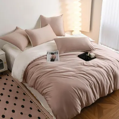 Lenjerie de pat dublu Luxury, tip Matase, 6 piese, roz pudra