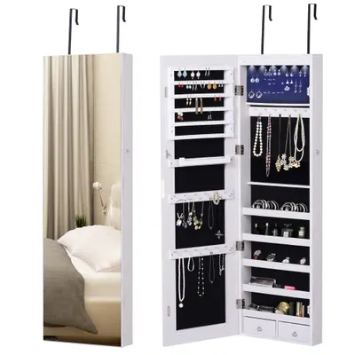 HOMCOM Oglindă pentru Bijuterii cu 6 Lumini LED și Spații de Depozitare, 37x10x120 cm, Alb | Aosom Romania