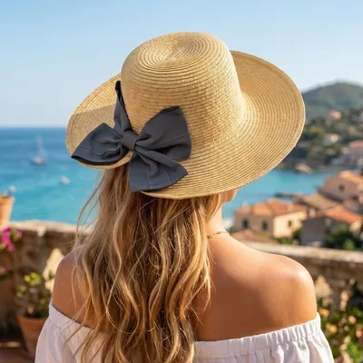 Pălărie de plajă damă Tiara, crem cu fundă neagră, boruri largi, elegantă, ușoară și respirabilă, protecție solară, diametru 37 cm