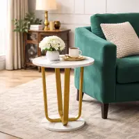 Masuta rotunda, blat efect marmura, cadru metalic auriu, design modern, 40x55 cm