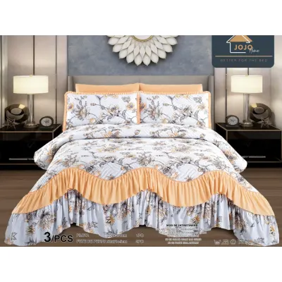 Cuvertura pat dublu, 3 piese, Bumbac Finet, 220x270cm, cu volanase, Jojo Home, Alb-Galben, flori